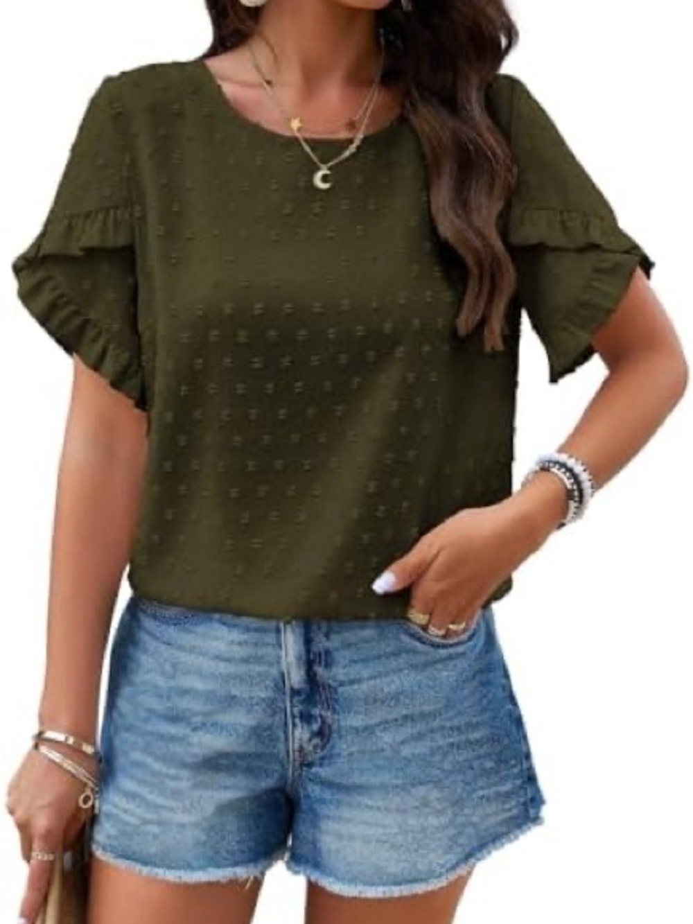 Women's Olive Swiss Dot Ruffle Sleeve Blouse